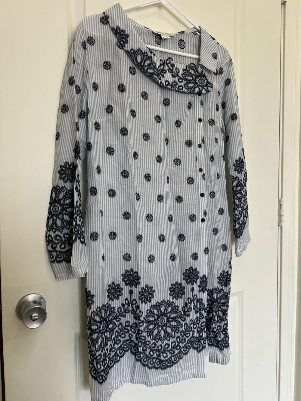 100% Cotton Light Blue and Navy Striped Dress with Floral Embroidery
